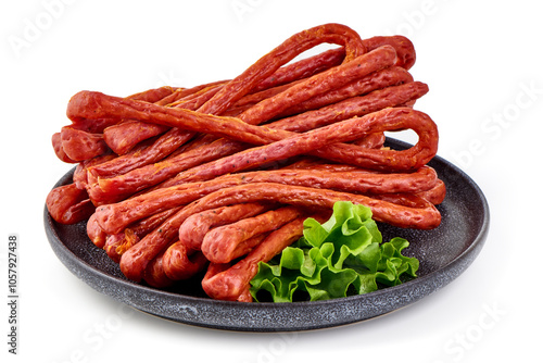 Kabanos thin dry sausage, snacks for beer, isolated on the white background. photo