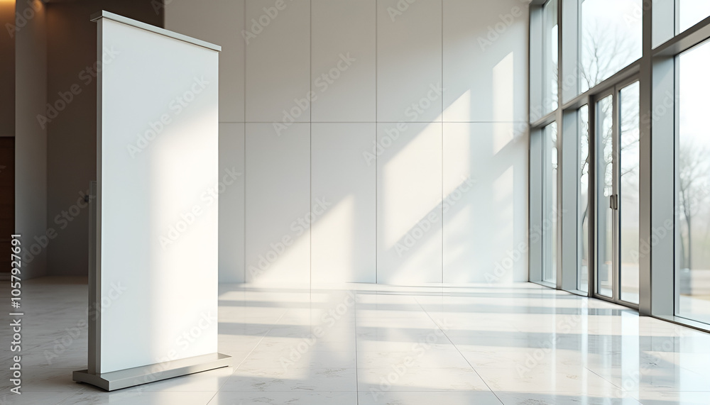Minimalist interior with a blank display stand in a bright modern space, professional atmosphere Minimalist interior with a blank display stand in a bright modern space, professional atmosphere