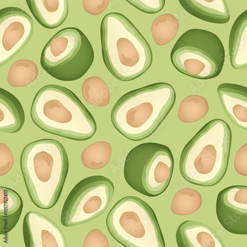 Seamless pattern with hand drawn avocado slice on green background. Design for fabric, kitchen decor, wallpaper.