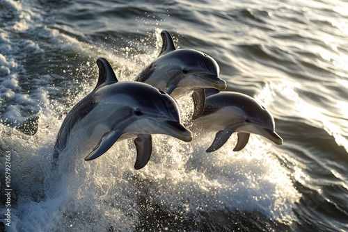 Dolphins gracefully leaping over waves at sunset near a tranquil coastline in...