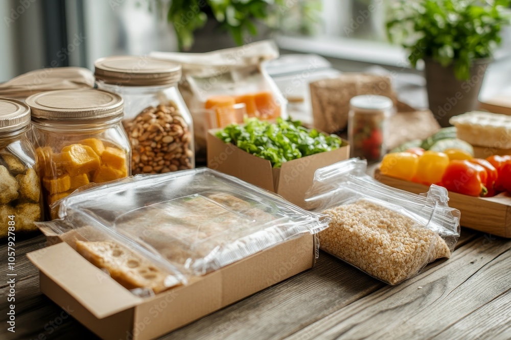 An Array of Assorted Fresh Ingredients and Packaged Food Beautifully Displayed on a Rustic Wooden Table An Array of Assorted Fresh Ingredients and Packaged Food Beautifully Displayed on a Rustic Wooden Table