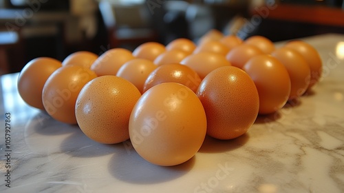 Five decorative eggs in various colors arranged on a neutral background in so...