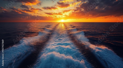 A breathtaking sunset over the ocean with boat wake trailing behind in vibran...