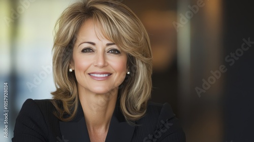 Businesswoman in formal attire smiles confidently at a desk during a corporat...