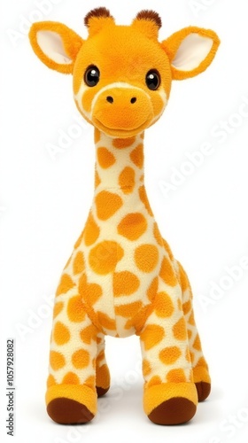 A plush giraffe toy with a brown nose and hooves, a long neck, and a yellow and white spotted pattern.