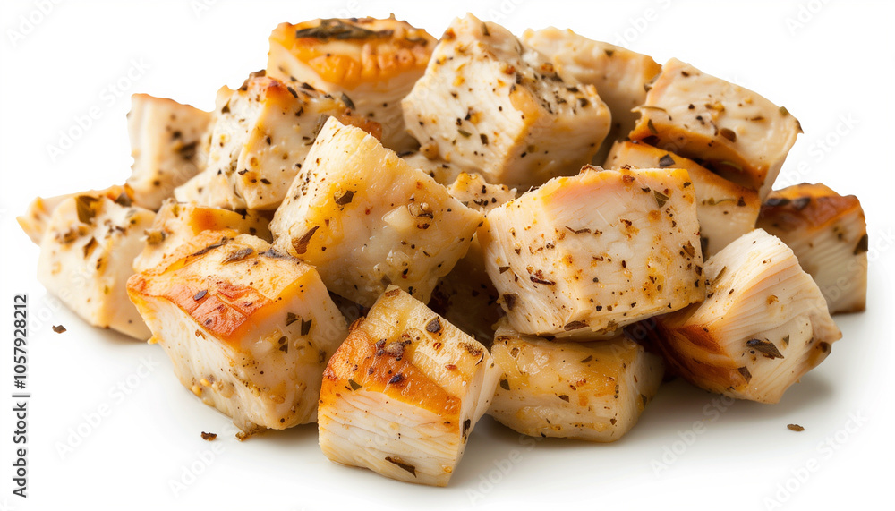 Roasted chicken cubes isolated on white background Roasted chicken cubes isolated on white background