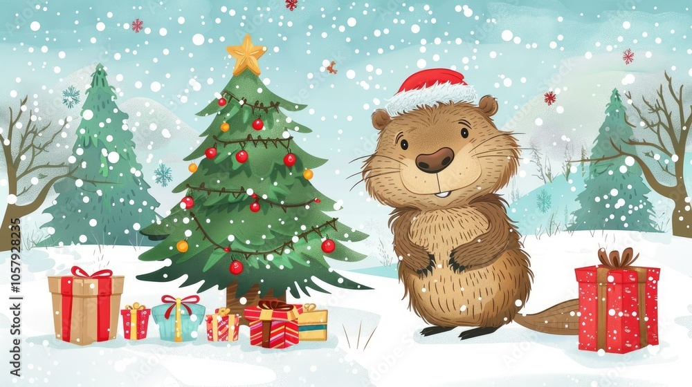 A cute cartoon beaver wearing Christmas and a hat stands next to the Christmas tree A cute cartoon beaver wearing Christmas and a hat stands next to the Christmas tree