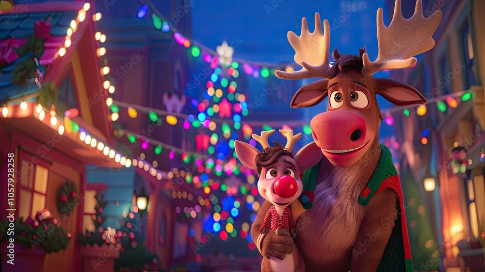 Naklejka premium A cute moose in Christmas attire holds an adorable reindeer doll 