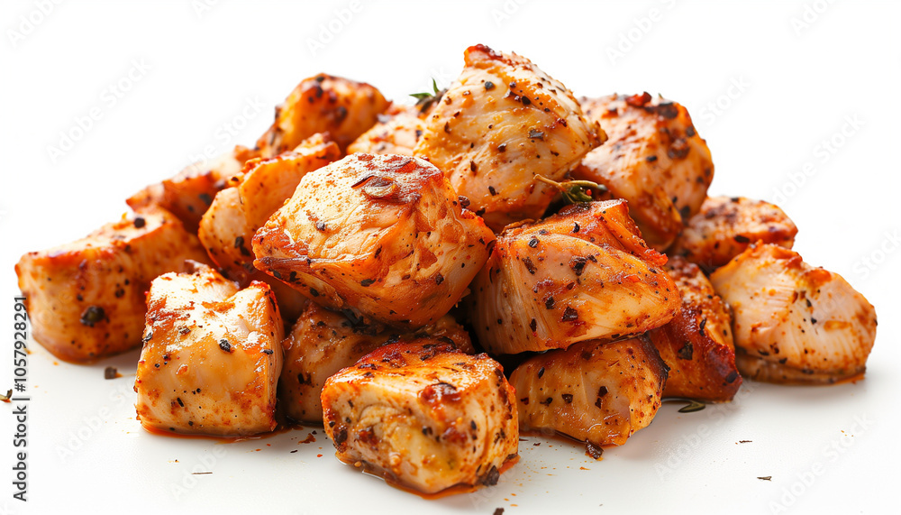 Roasted chicken cubes isolated on white background Roasted chicken cubes isolated on white background