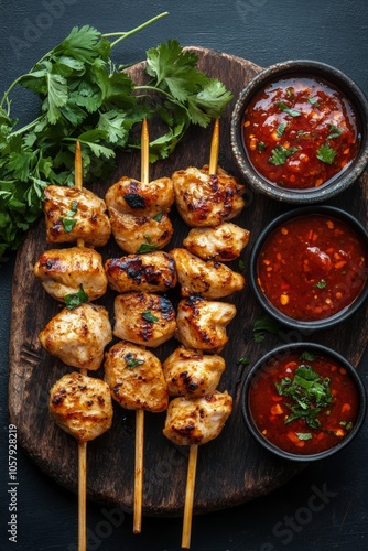 Delicious grilled chicken skewers served with fresh herbs and dipping sauces ...