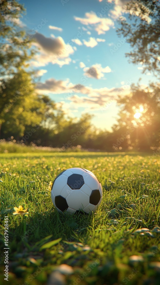 A soccer ball rests on green grass under a sunset sky in a peaceful park setting A soccer ball rests on green grass under a sunset sky in a peaceful park setting