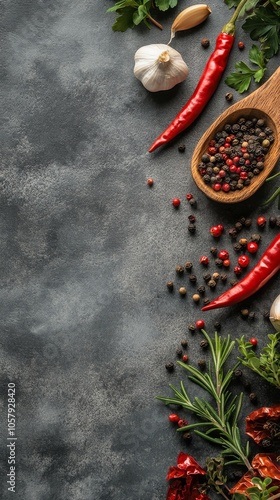 An arrangement of spices and herbs on a dark surface with fresh ingredients a...