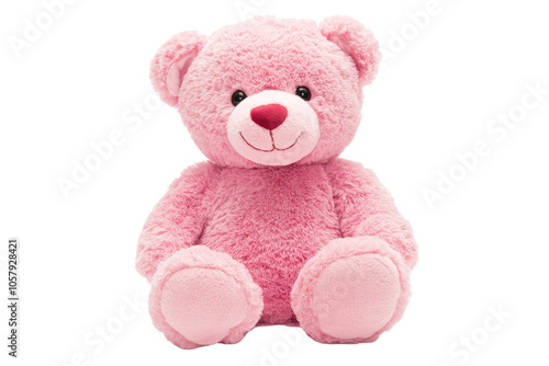 A soft pink teddy bear with a big, friendly smile is seated comfortably, highlighting its plush texture and inviting appearance, perfect for spreading warmth and cheer.