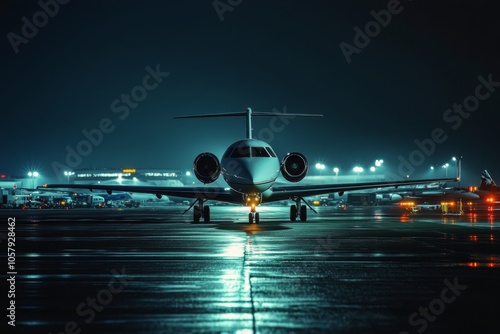 Private jet on a runway at night with reflective wet surfaces and bright airp...