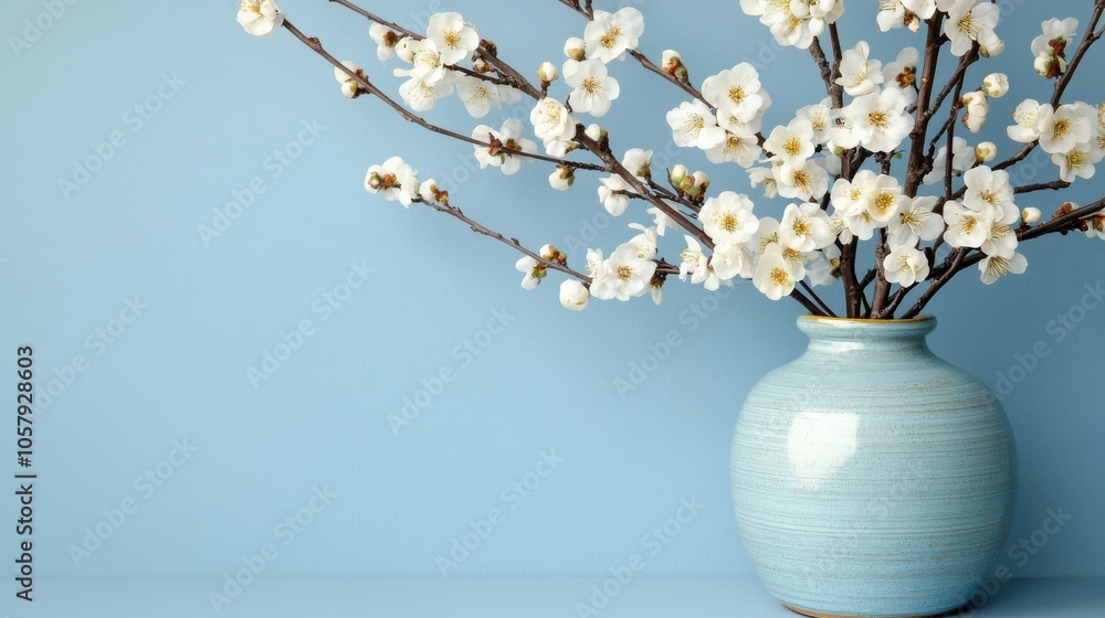A delicate vase with blossoming white flowers against a serene blue wall conveys elegance and tranquility. A delicate vase with blossoming white flowers against a serene blue wall conveys elegance and tranquility.