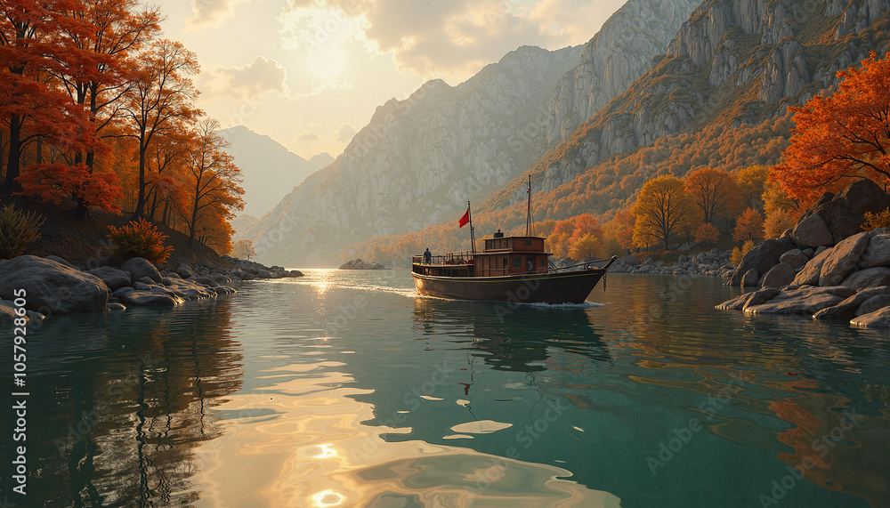 Fototapeta premium Scenic mountain landscape with a boat and tranquility on a reflective river during autumn