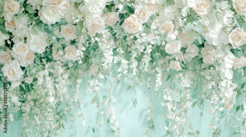 A wall covered in white roses and greenery, perfect for a wedding or event backdrop. A wall covered in white roses and greenery, perfect for a wedding or event backdrop.