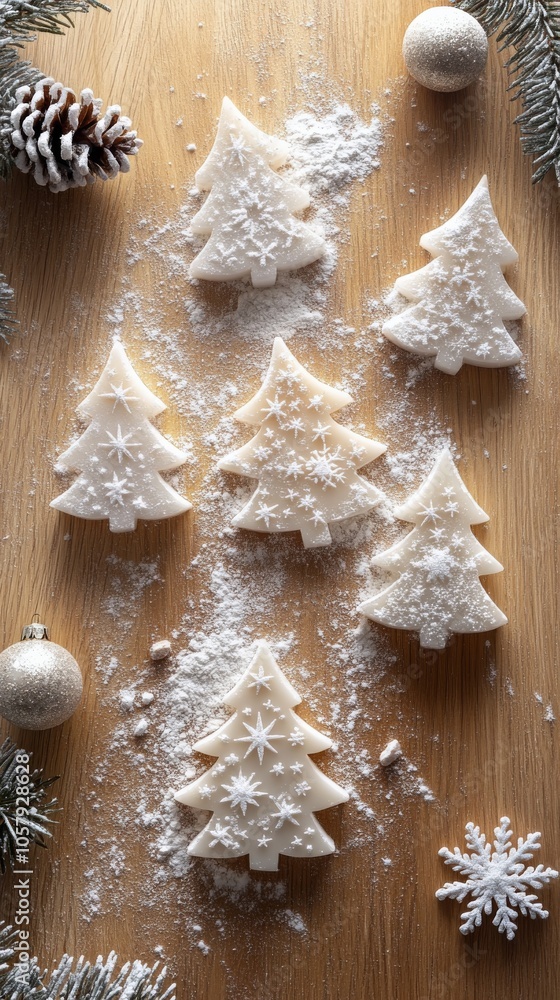 Fototapeta premium Gingerbread Christmas trees arranged on a wooden table with flour and pinecones around them