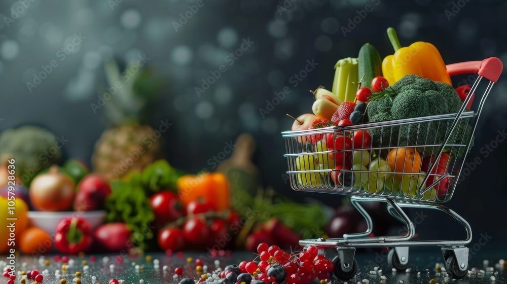 Shopping cart filled with fresh vegetables and fruits Shopping cart filled with fresh vegetables and fruits