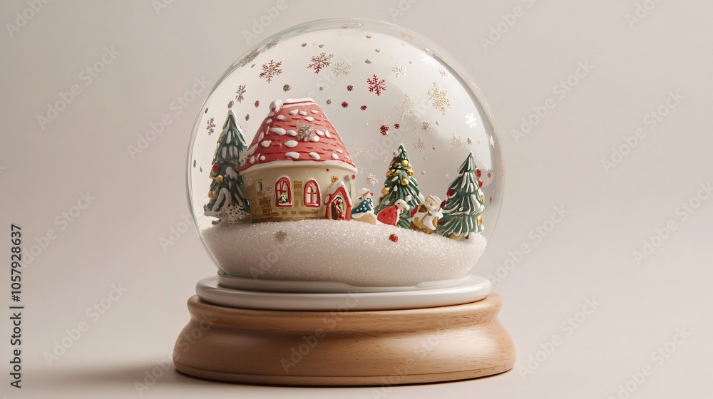 Whimsical snow globe with a Christmas scene isolated on a soft gray background, with swirling snowflakes Whimsical snow globe with a Christmas scene isolated on a soft gray background, with swirling snowflakes