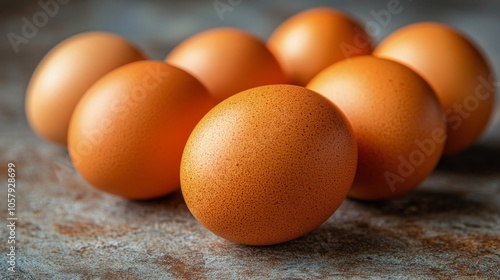 Five decorative eggs in various colors arranged on a neutral background in so...