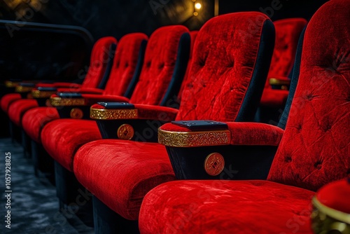 Luxurious velvet cinema chairs in an elegant theater designed for a comfortab...