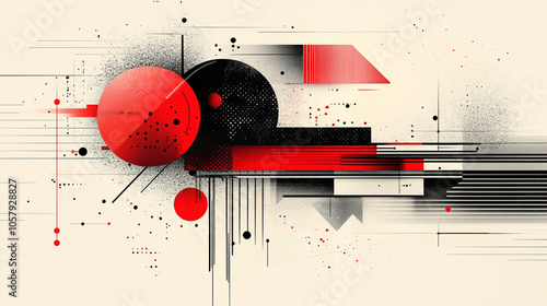 Modern abstract artwork featuring geometric shapes in red, black, and white, creating a bold and minimalist composition. Ideal for contemporary design themes.
