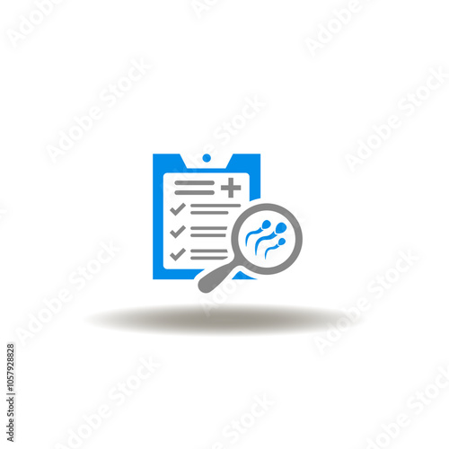 Vector illustration of medical checklist and magnifier with sperm. Icon of . Symbol of infertility treatment. Icon of IVF In Vitro Fertilization.