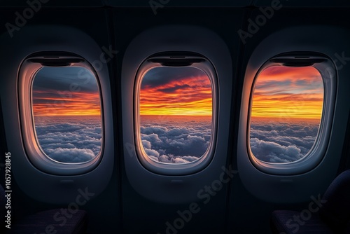 Sunset view from airplane windows during evening flight above clouds