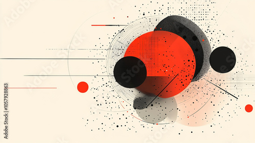 Modern abstract artwork featuring geometric shapes in red, black, and white, creating a bold and minimalist composition. Ideal for contemporary design themes.
