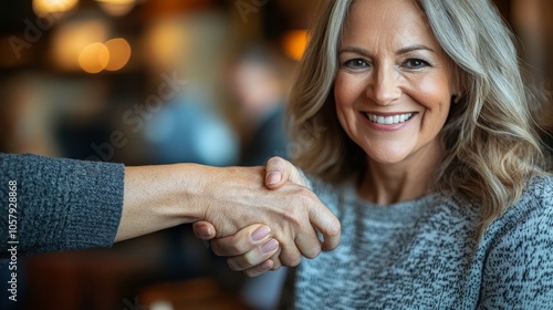 Businesswoman engaging in a professional handshake indoors during a daytime m...