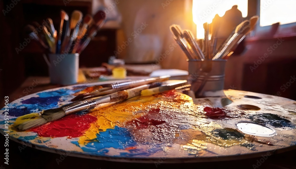 Art Studio with Paint Brushes and Palette Art Studio with Paint Brushes and Palette