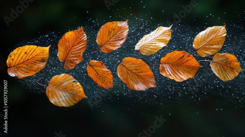 Falling autumn leaves create a beautiful display against a dark background wi...