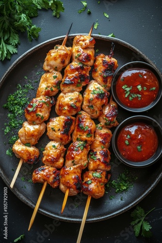 Delicious grilled chicken skewers served with fresh herbs and dipping sauces ...