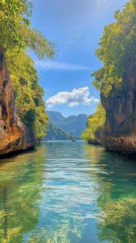 Stunning view of turquoise waters between rocky cliffs in a tropical paradise...