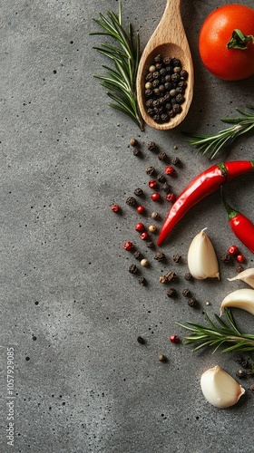 An arrangement of spices and herbs on a dark surface with fresh ingredients a...