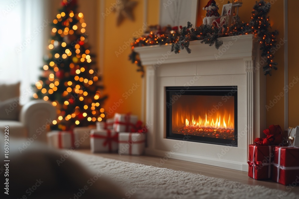 A cozy living room decorated for Christmas with a fireplace and a beautifully lit tree A cozy living room decorated for Christmas with a fireplace and a beautifully lit tree