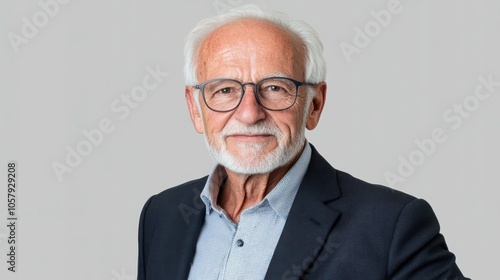 A dignified elderly man with a white beard and glasses, dressed in a suit, emanates wisdom and warmth against a neutral background.