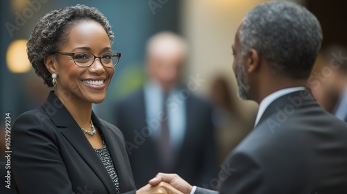 Businesswoman engaging in a professional handshake indoors during a daytime m...