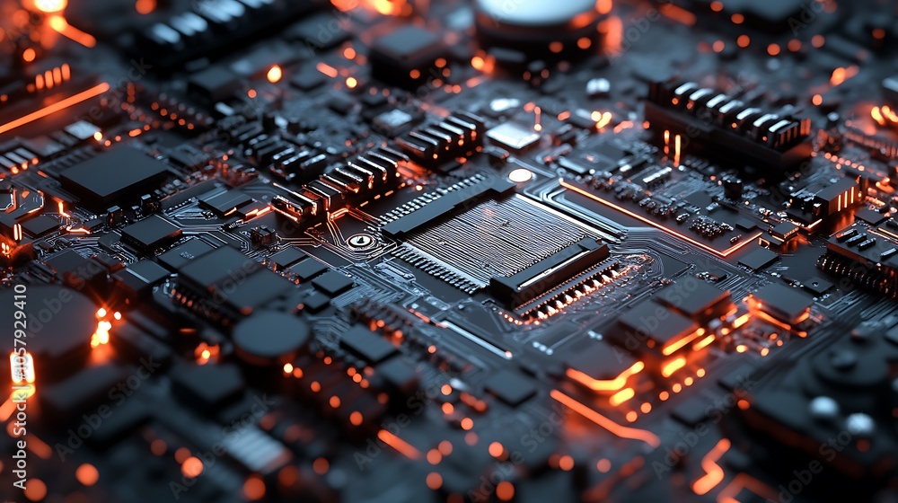 High-Tech Circuit Board with Glowing Orange Lines and Components Illustration High-Tech Circuit Board with Glowing Orange Lines and Components Illustration