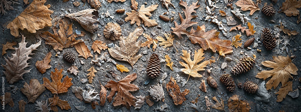 Close-up of autumn leaves and pine cones on a textured surface. Close-up of autumn leaves and pine cones on a textured surface.