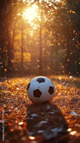A soccer ball rests on green grass under a sunset sky in a peaceful park setting