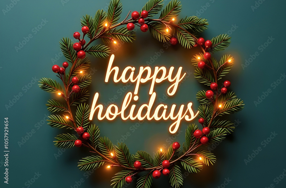 Happy Holiday banner with a beautiful Christmas wreath made of fir tree branches and holy berries on blue background Happy Holiday banner with a beautiful Christmas wreath made of fir tree branches and holy berries on blue background