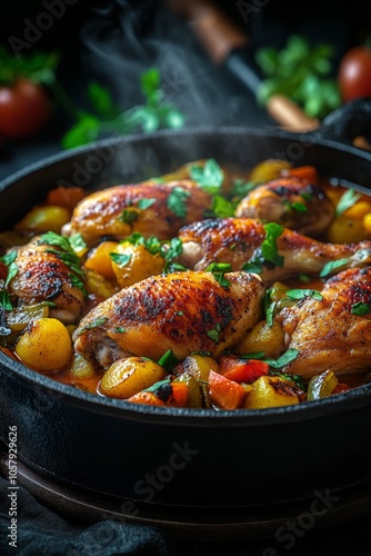 Savory roasted chicken with vegetables in a skillet on a dark background