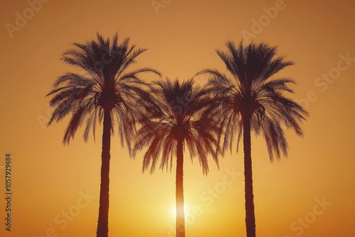 Sunset silhouette of a palm tree against a vibrant orange sky during twilight...
