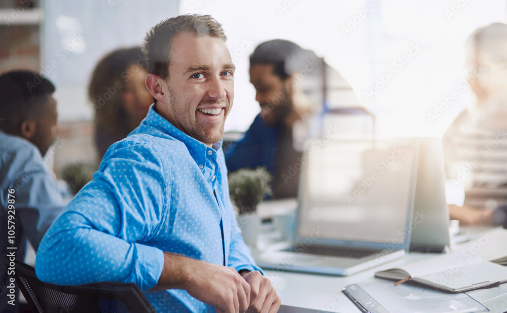 Glass, portrait and businessman in meeting for planning, brainstorming and lens flare in office. Face, collaboration or happy designer with smile for creative agency or discussion in startup workshop Glass, portrait and businessman in meeting for planning, brainstorming and lens flare in office. Face, collaboration or happy designer with smile for creative agency or discussion in startup workshop