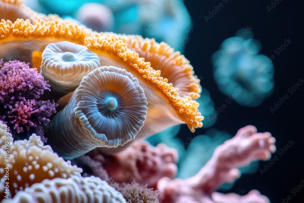 A vivid close-up of intricate, colorful marine life showcases mesmerizing patterns and vibrant undersea hues. A vivid close-up of intricate, colorful marine life showcases mesmerizing patterns and vibrant undersea hues.