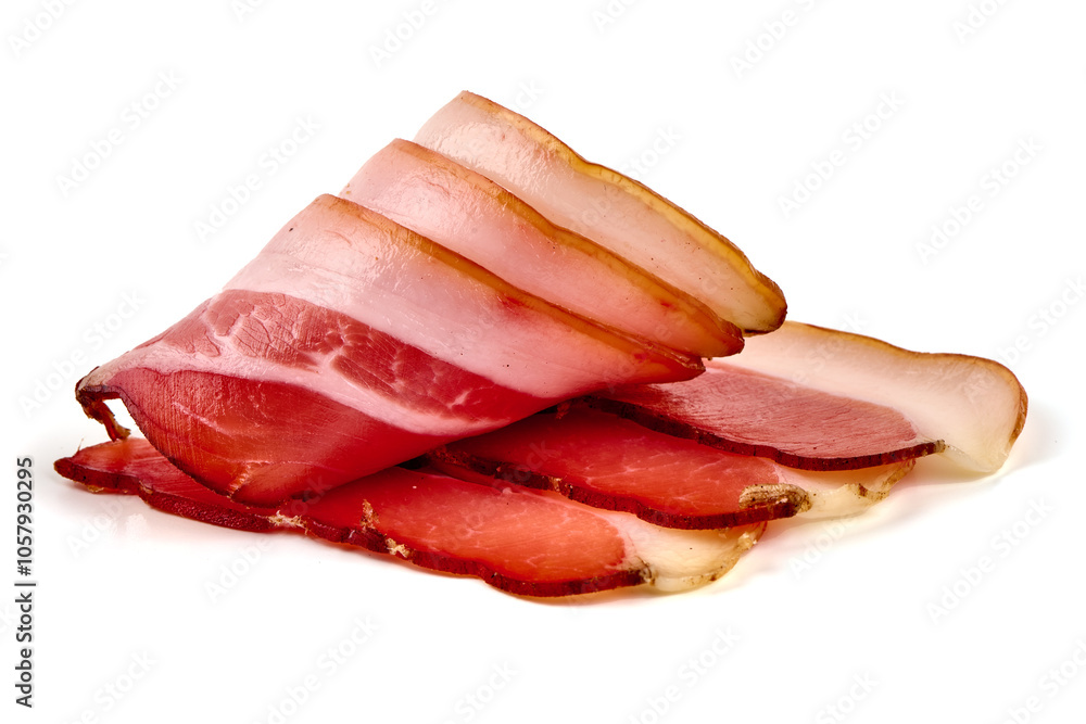 Obraz premium Italian prosciutto crudo or spanish jamon, isolated on white background.