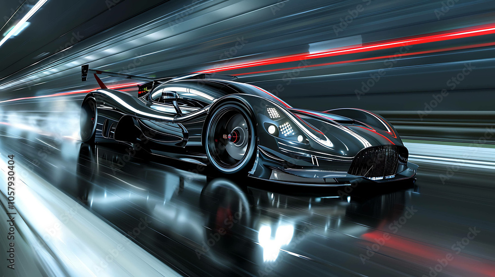 The dark sleek supercar speeds through the tunnel. The red lights reflecting off its shiny black paint. The dark sleek supercar speeds through the tunnel. The red lights reflecting off its shiny black paint.