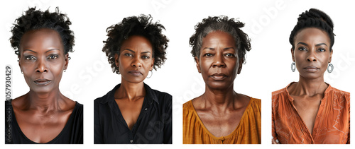 Portrait of middle-aged beautiful black woman with neutral expression, isolated on transparent background, generative ai.